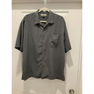 Tommy Bahama Shirt Large Men's Button Up 100% Silk Gray Short Sleeve Pattern